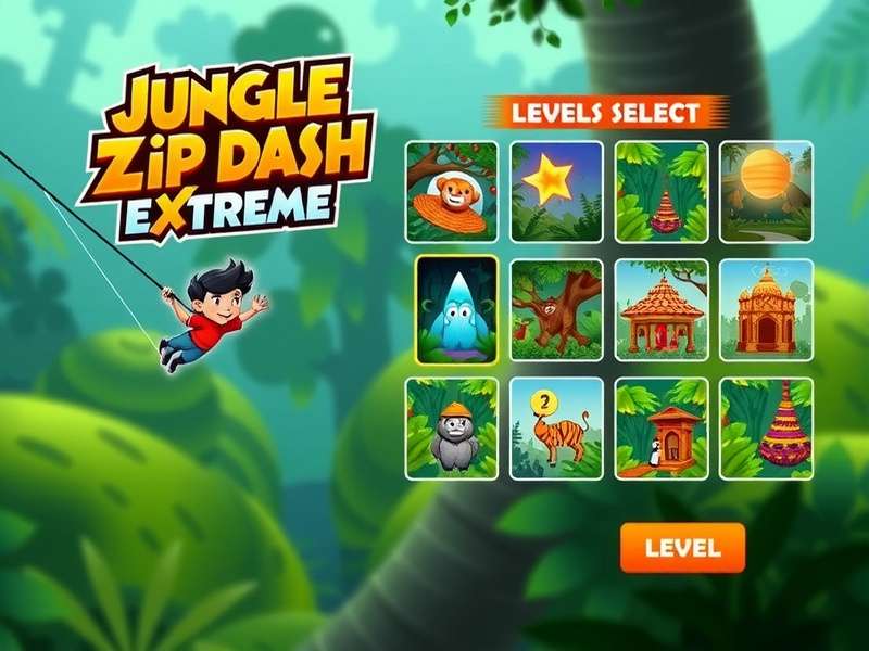 Jungle Zip Dash Extreme gameplay screenshot showing character ziplining through lush forest