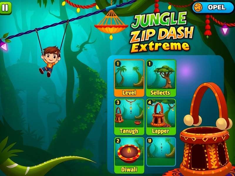 Jungle Zip Dash Extreme level selection screen showing various Indian jungle environments